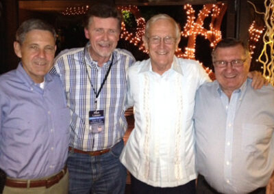 At a private "family and friends" dinner prior to Astronaut Scholarship Foundation's Apollo 16 anniversary weekend celebrating Apollo 16, America's next-to-last moon landing (April 1972). Left to right: Hall of Fame Shuttle Astronaut (and head of Kennedy Space Center) Bob Cabana, ML, Charlie Duke (Apollo 16 lunar module pilot) and Gemini and Apollo 12 legend Dick Gordon. At Cape Canaveral, Florida April 13, 2012.