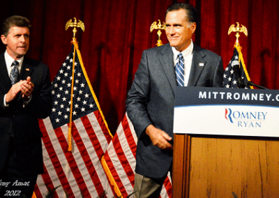 Emceeing with Gov. Mitt Romney at special event in Del Mar, California, September 2012. The luncheon featured a record crowd and raised more than $2 million for the campaign. (Photo by Tony Amat)