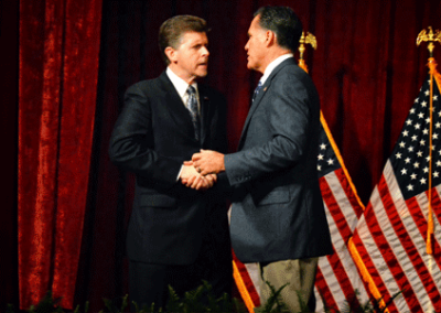 Emceeing with Gov. Mitt Romney at special event in Del Mar, California, September 2012. The luncheon featured a record crowd and raised more than $2 million for the campaign. (Photo by Tony Amat)