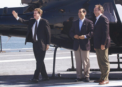 What a way to make an entrance! Larson flies onto the deck of the USS Midway Aircraft Museum (well, RIDING, not flying... Ivor from Corporate Helicopters did that)... along with Rep. Darrell Issa and U.S. Senate candidate Bill Jones.