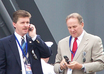 Larson and Mike Reagan, on board the USS Ronald Reagan, attempting to reestablish cell phone connections with the real world, after two days at sea.