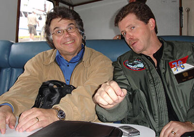 On a barge heading out to the USS Ronald Reagan, off the coast of Santa Barbara, August 19, 2005. With network radio notable (and obviously "high on life"... or sleep-deprived) Tim Kelly.